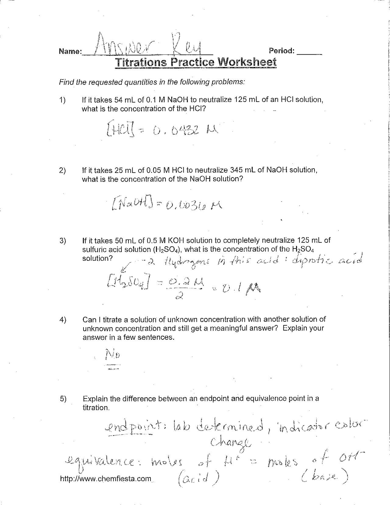 Titration Practice Acid Base Reaction Worksheet with Answer Key | Exercises  Chemistry | Docsity