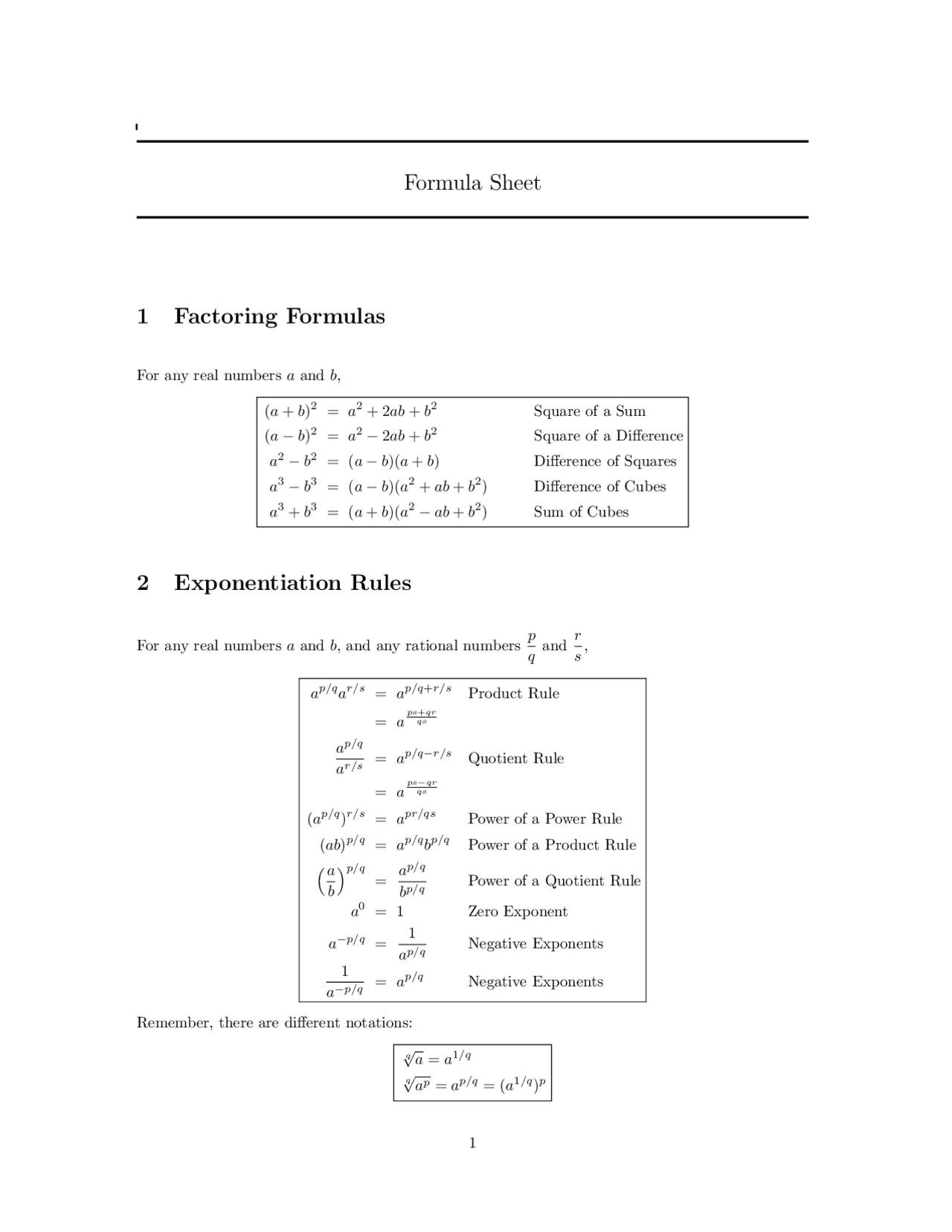 Algebra 1 Formula Cheat Sheet - Docsity