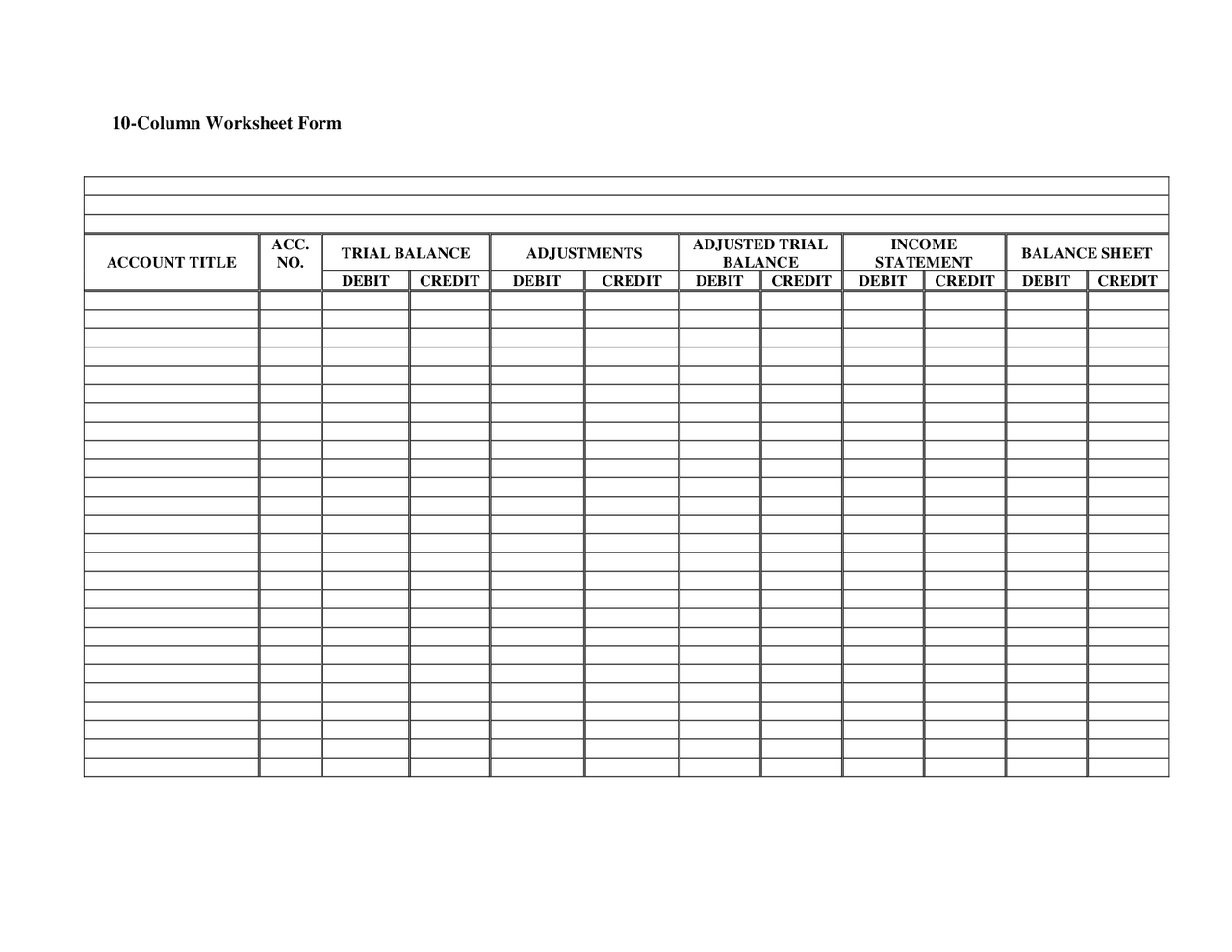 Sample 10 Column Worksheet Form for Accounting Exercises Business