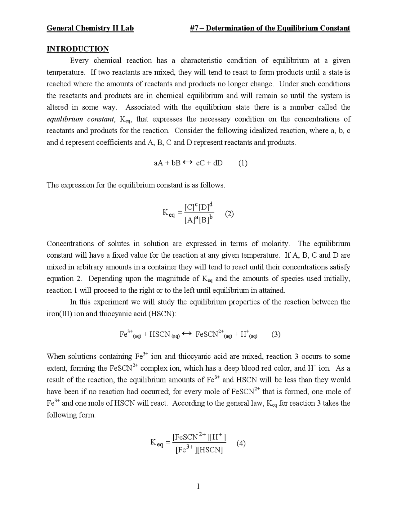 General Chemistry II Lab #7 – Determination of the Equilibrium Constant ...