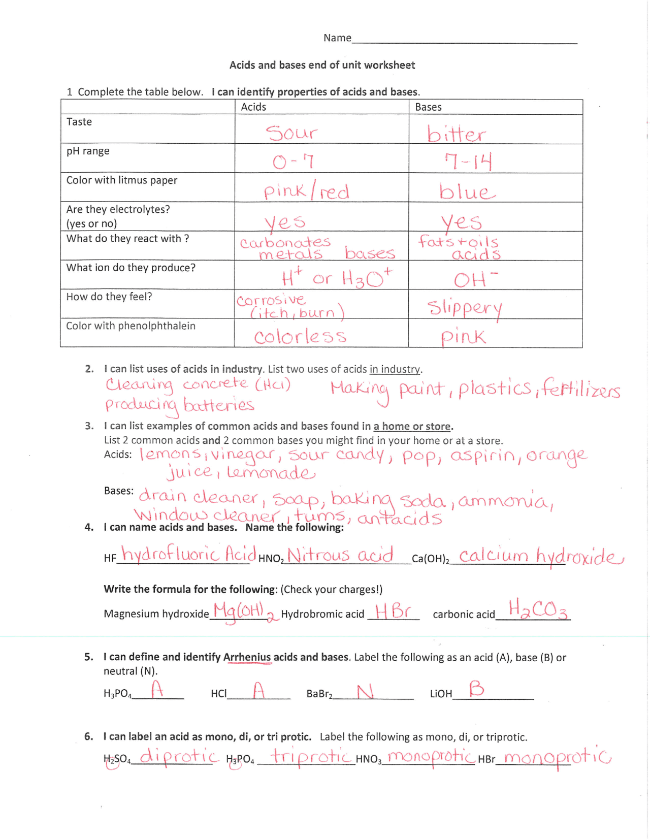 Acid and Bases Unit Worksheet with Answers - Docsity Pertaining To Acid Base Reactions Worksheet