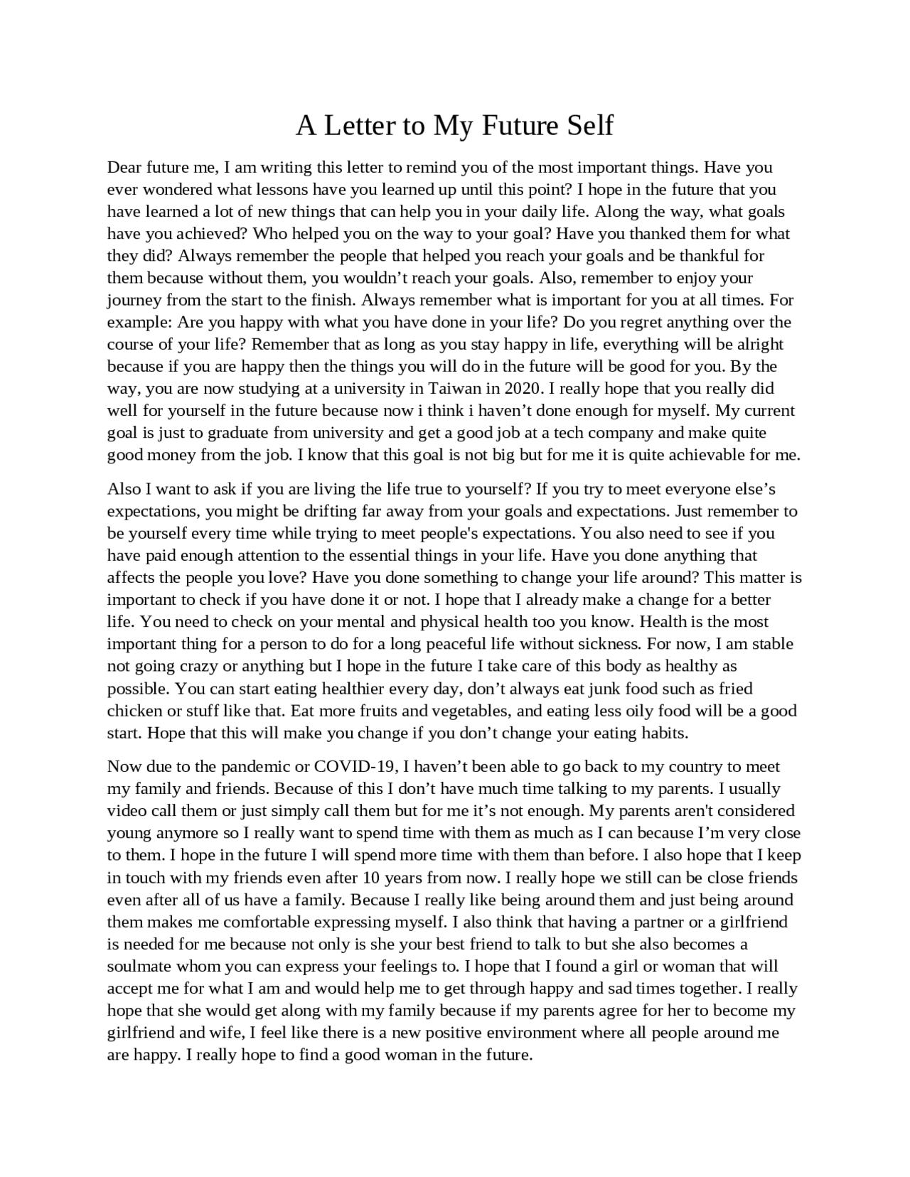 Future Self Examples A letter for my future self | Assignments Autobiography Writing | Docsity
