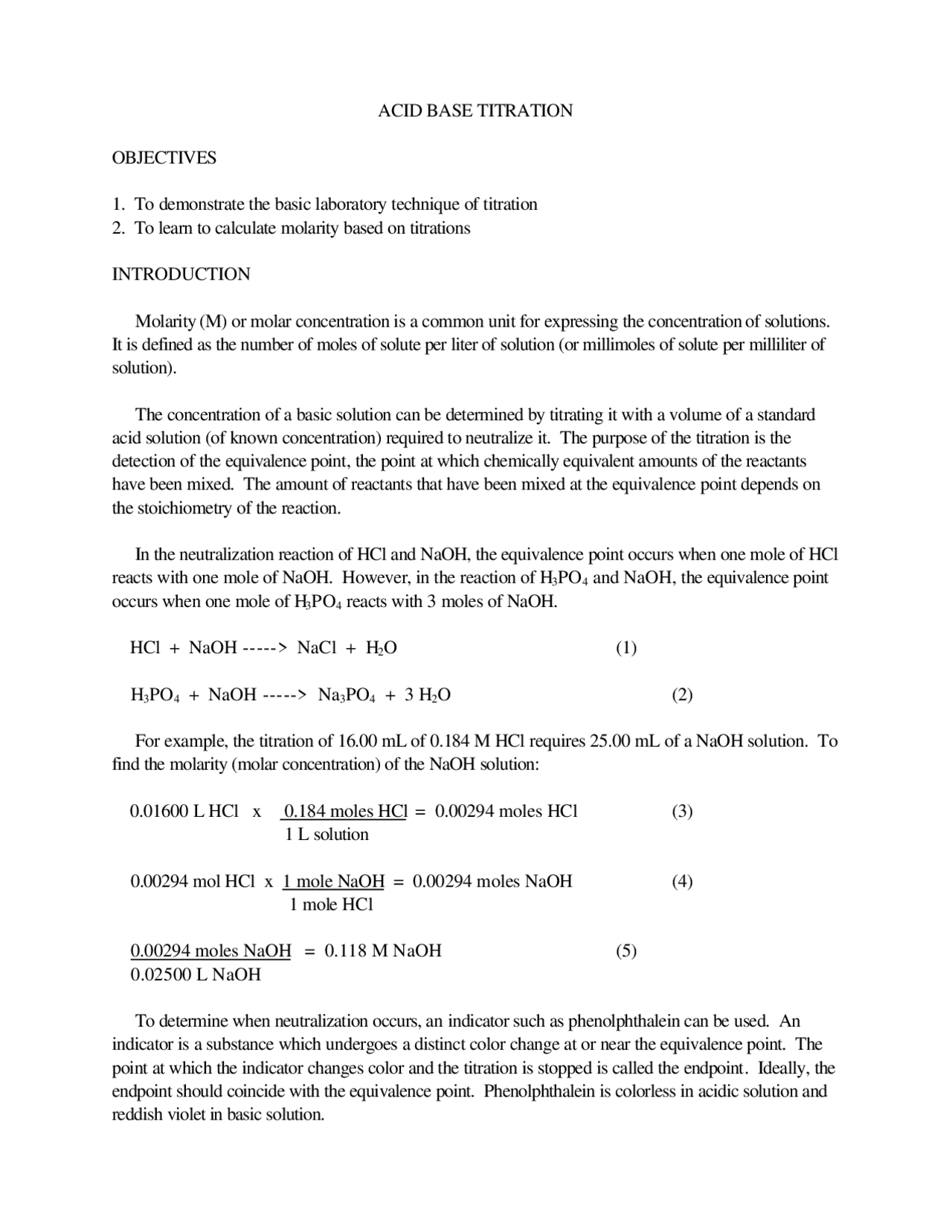 Lab manual demonstrating the basic laboratory technique of titration ...