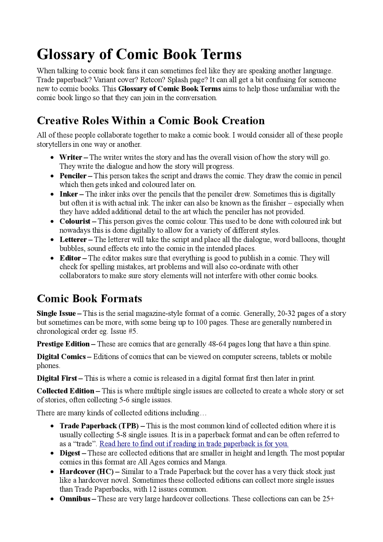 Glossario dei termini dei Comics - Glossary of Comics Terms - Docsity