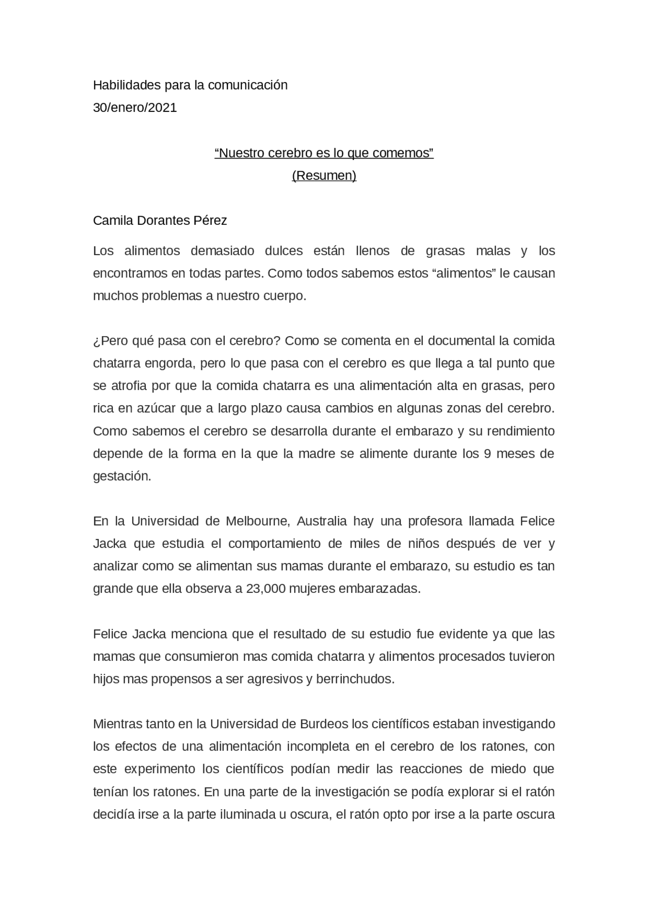 Resumen Nuestro Cerebro Es Lo Que Comemos Docsity