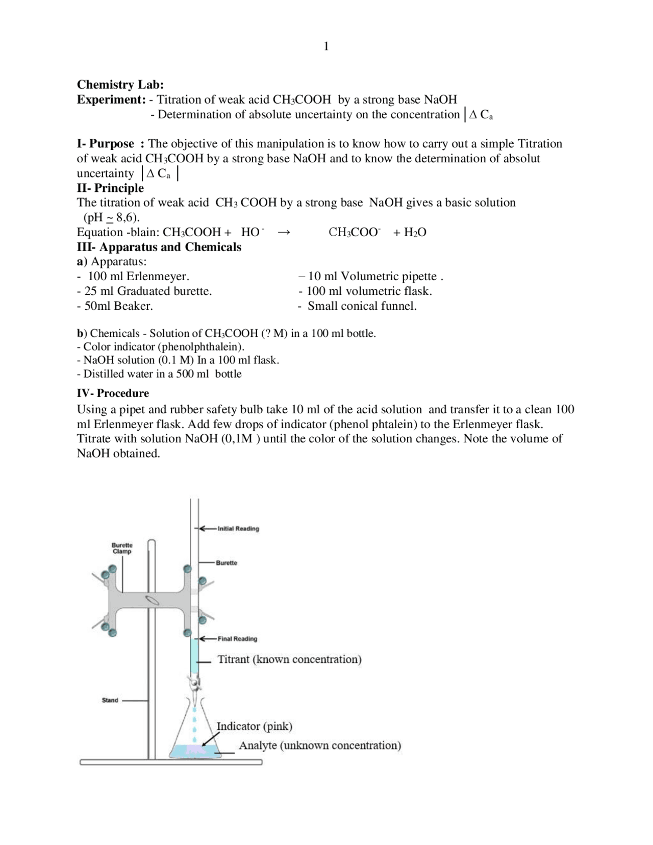 Titration weak acid strong base Lab Reports Chemistry Docsity