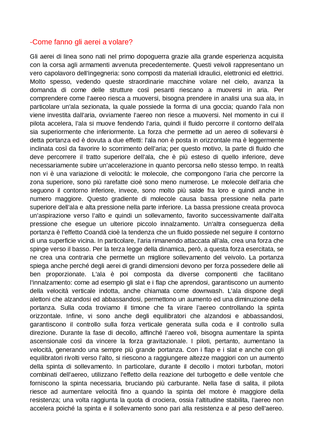Come fanno gli aerei a volare Docsity