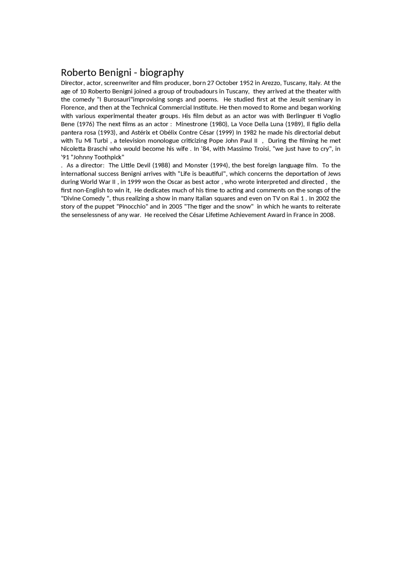 Roberto Benigni - Biografia - Docsity