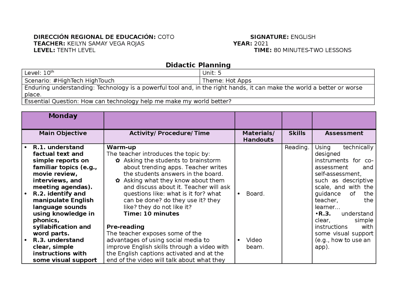 Planeamiento De 2 Lecciones Ingles 7 Grado Docsity