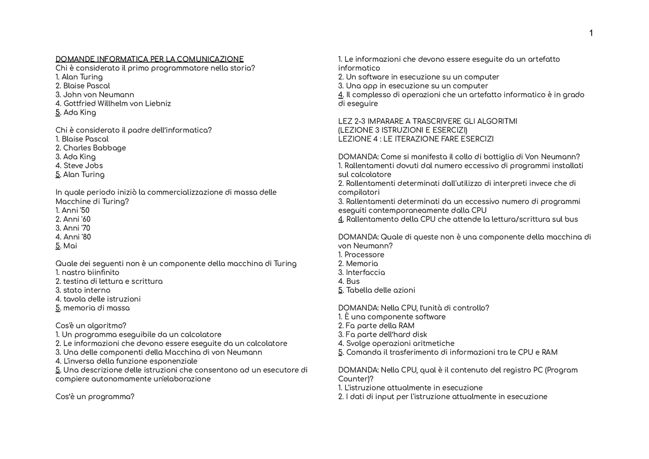 Domande e risposte esame informatica per la comunicazione - Docsity