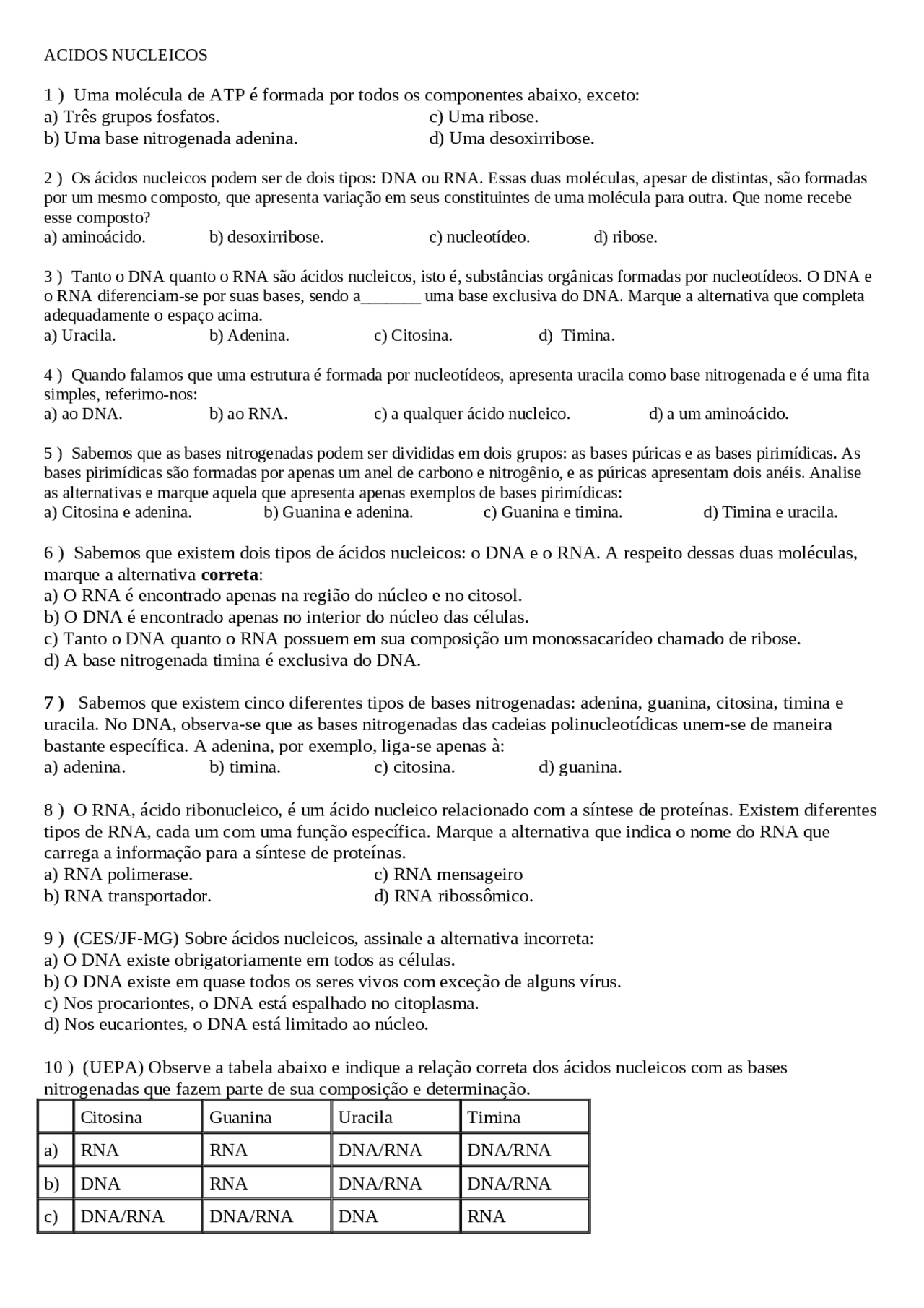 ACIDOS NUCLEICOS exercícios. Ensino Médio - Docsity