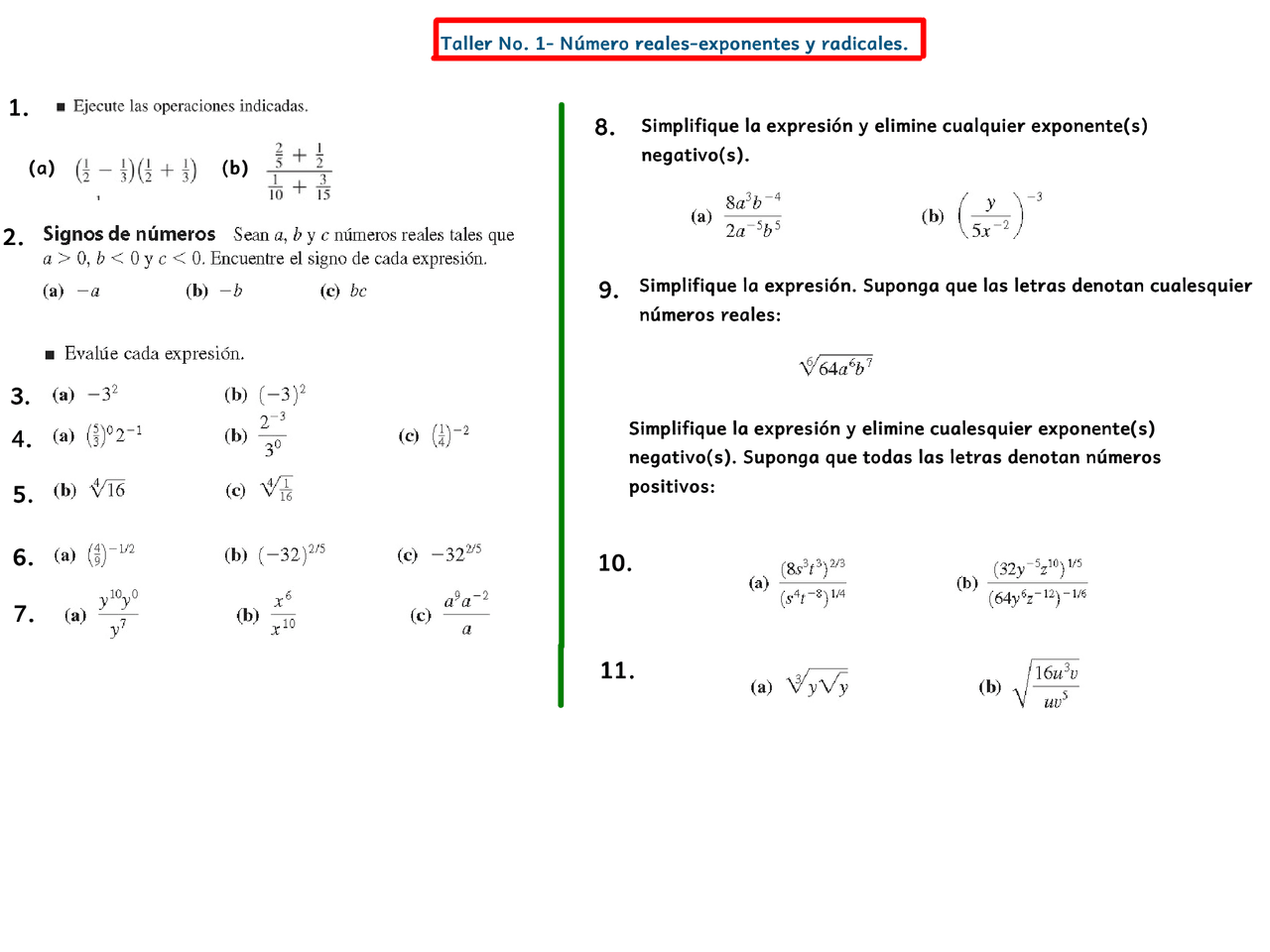 Taller No.1-Numeros reales-fracciones-exponentes y radicales - Docsity