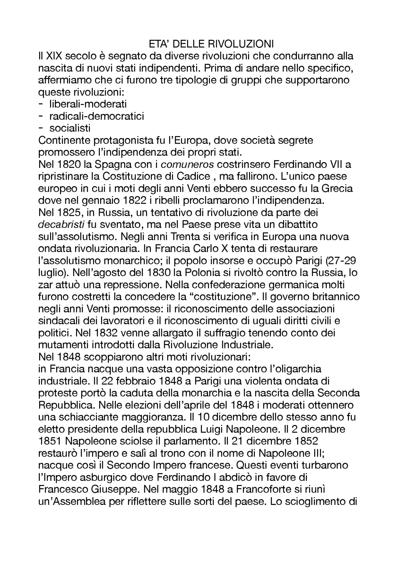 Età delle Rivoluzioni - Docsity