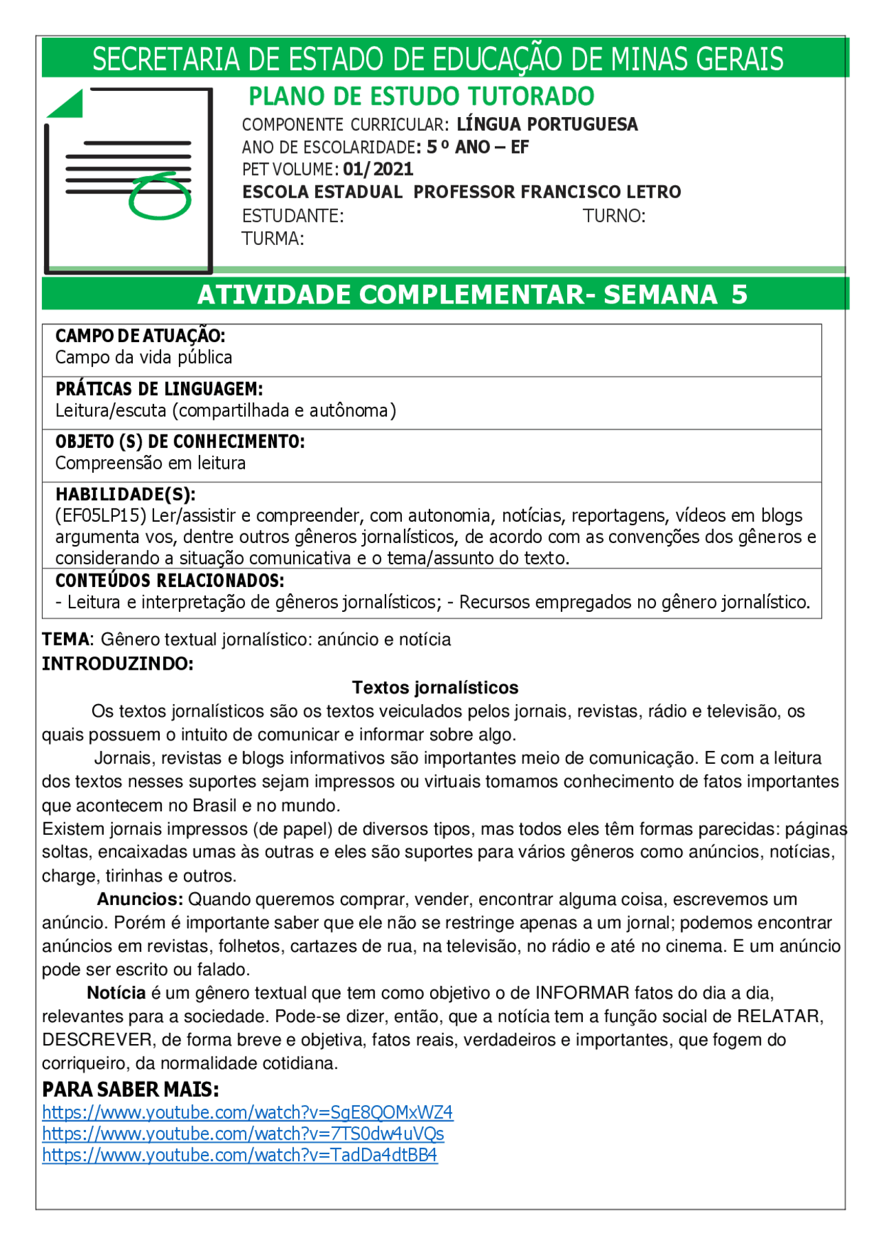 Atividades todas as matérias 5 ano ensino fundamental - Docsity