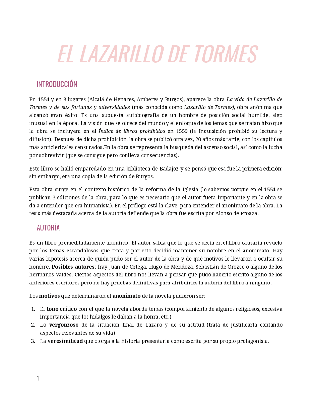 ANALISIS LAZARILLO DE TORMES | Resúmenes de Lengua y Literatura | Docsity