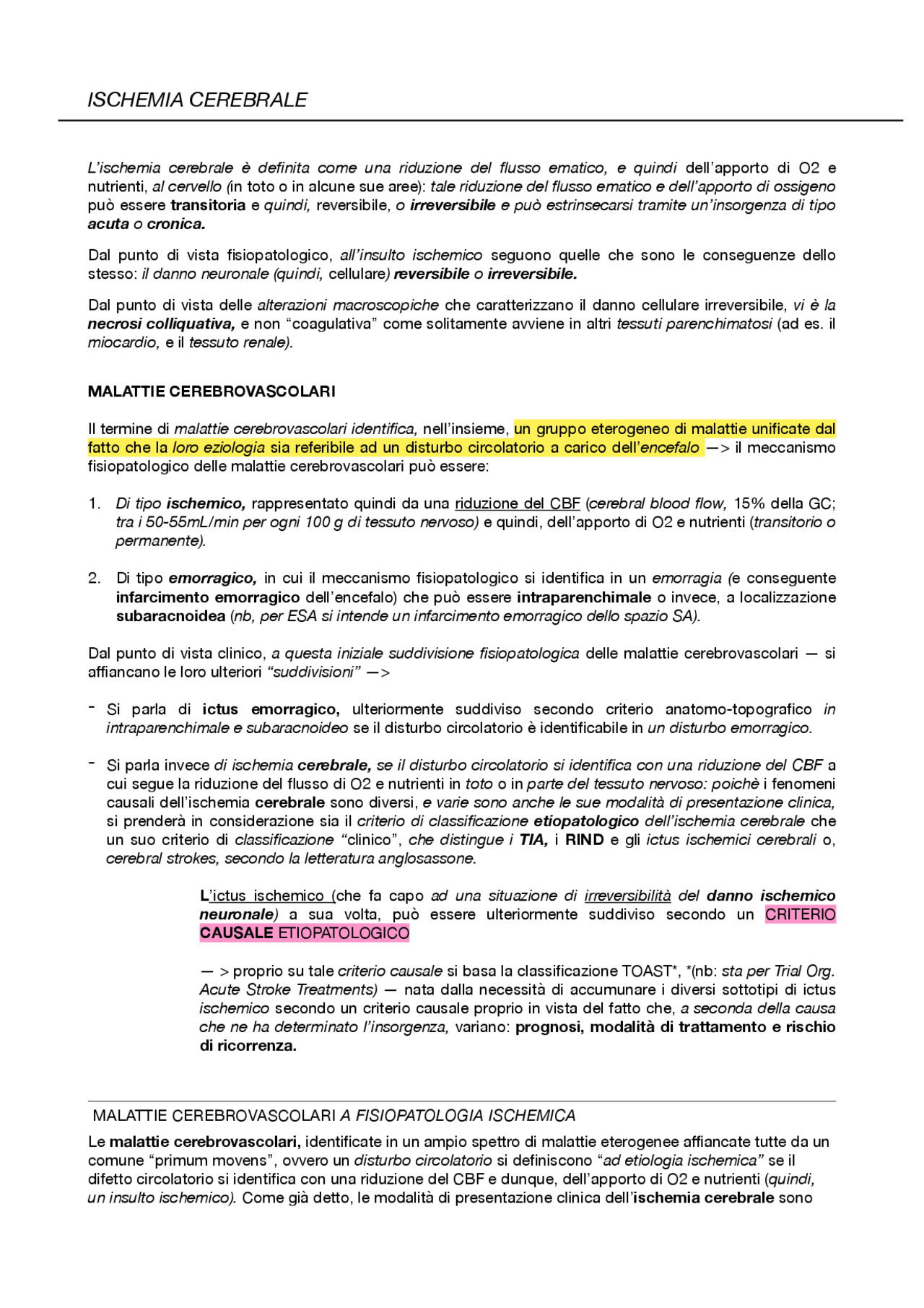 Ischemia cerebrale: ictus ischemico, TIA e RIND - Docsity