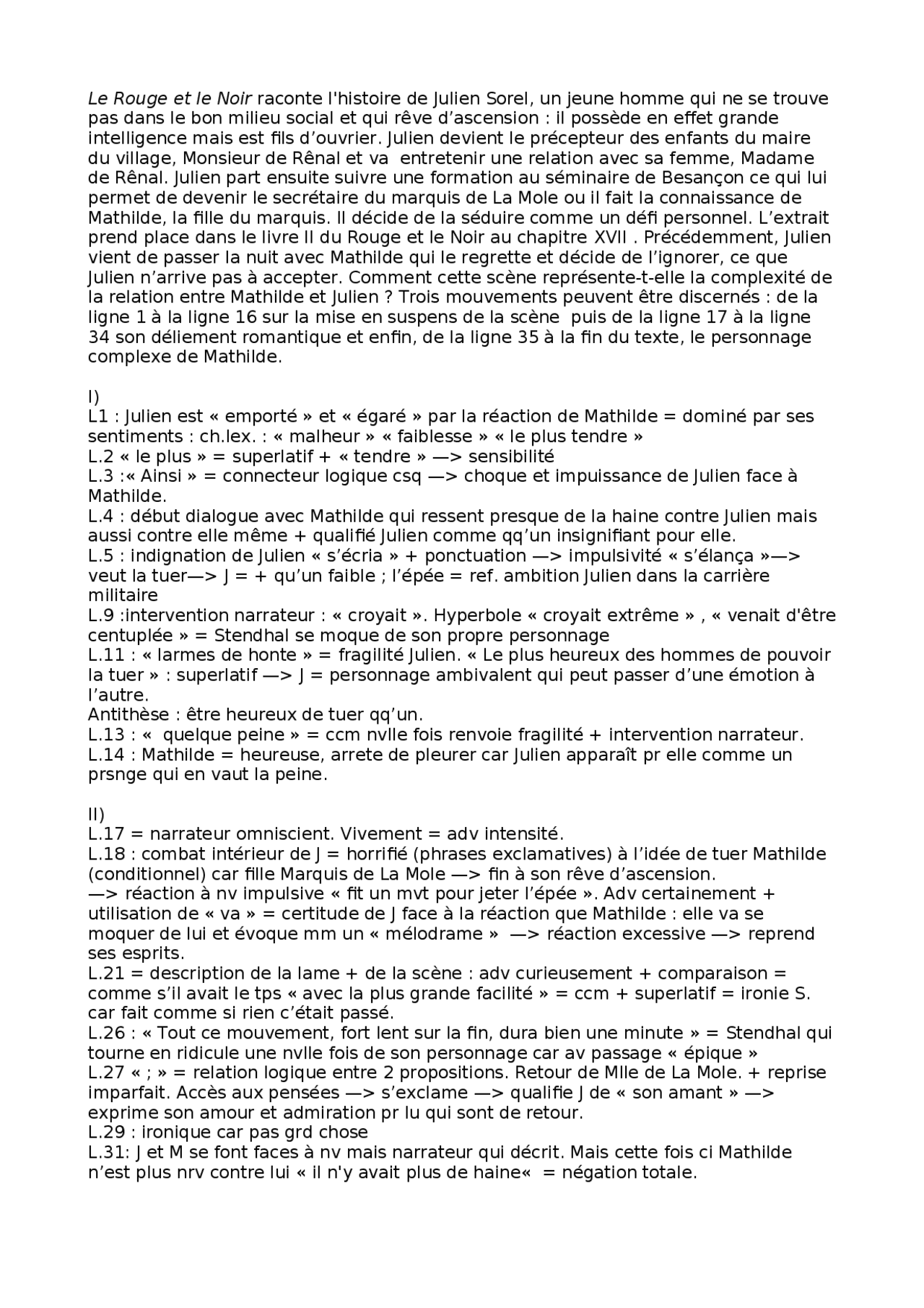 Explication Linéaire Le Rouge Et Le Noir