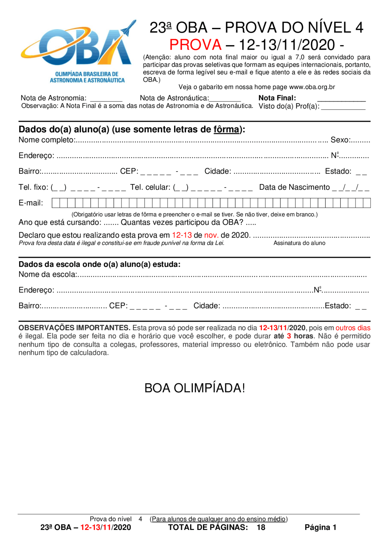 OBA DE 2020 VIRTUAL, nível 4 - Docsity