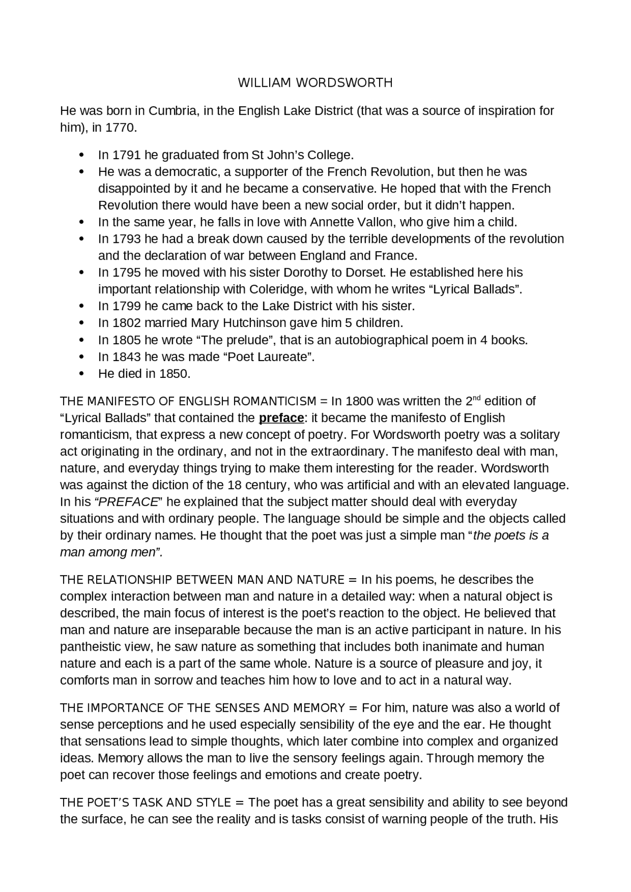 Riassunto William Wordsworth Dispense di Inglese Docsity
