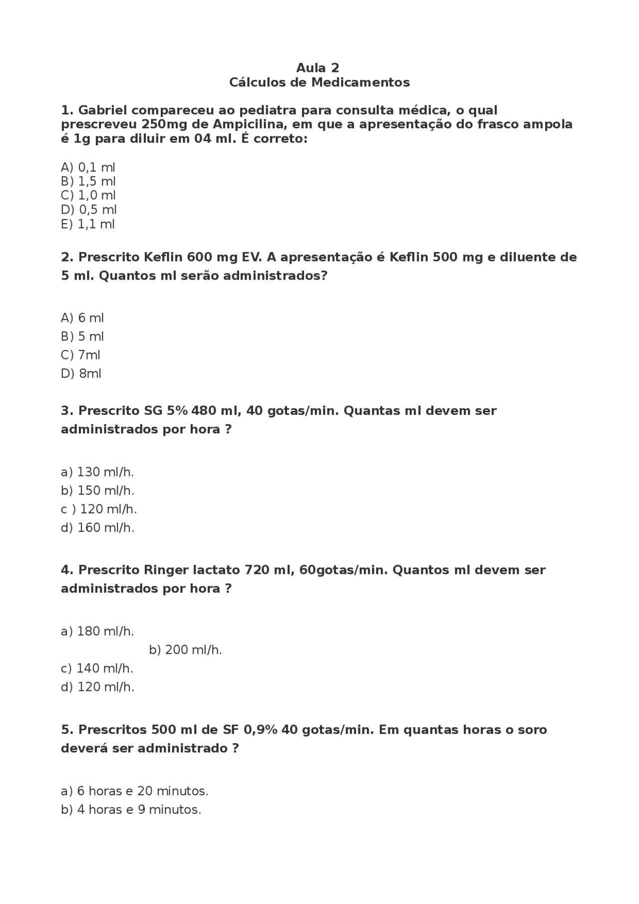 Cálculos De Medicamentos Exercícios E Respostas Pdf - BRAINCP