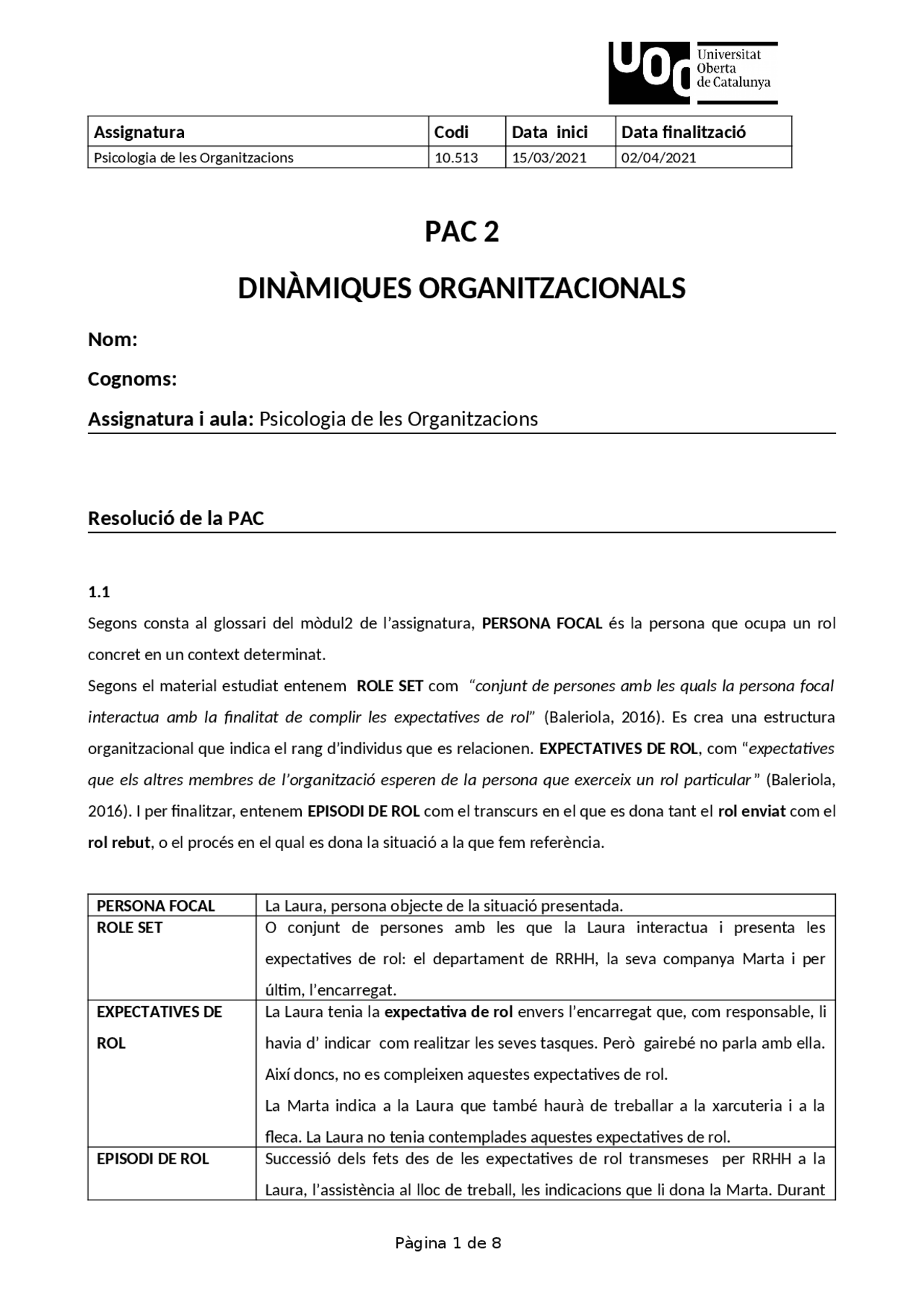 UOC Psicologia de les organitzacions PAC 2 Nota A - Docsity