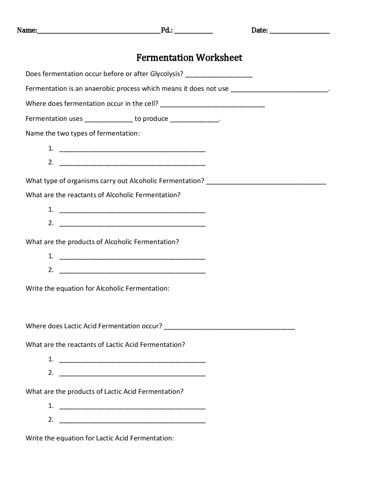 Fermentation Worksheet - General Chemistry - Docsity