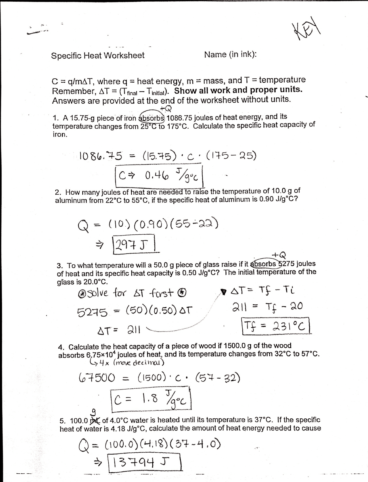 Calculations involving Specific Heat Worksheet | Exercises Chemical  Thermodynamics | Docsity