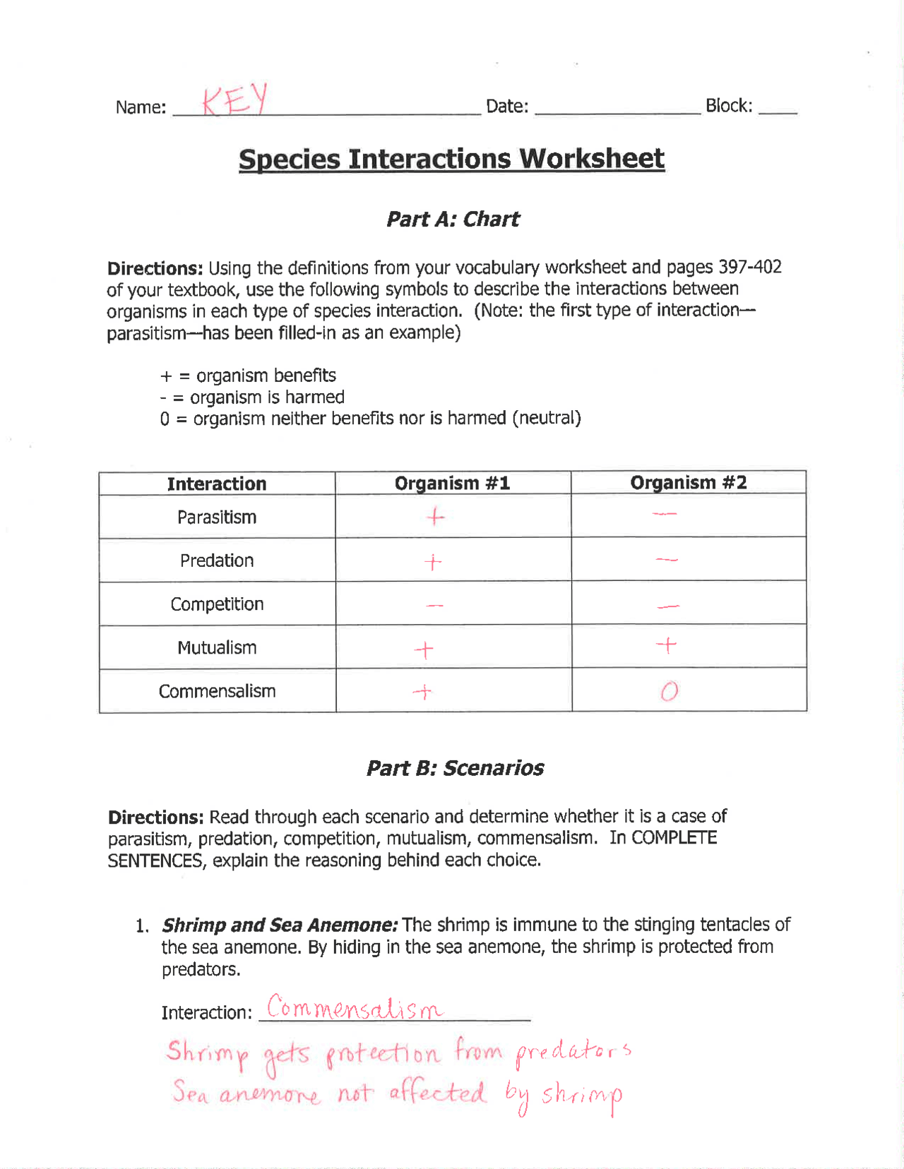 Species Interactions Worksheet with Key | Exercises Ecology and Environment  | Docsity