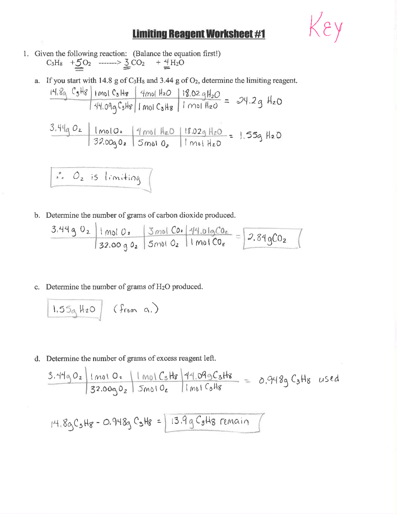 Limiting Reagent Worksheet with Handwritten Solution | Exercises Chemistry  | Docsity