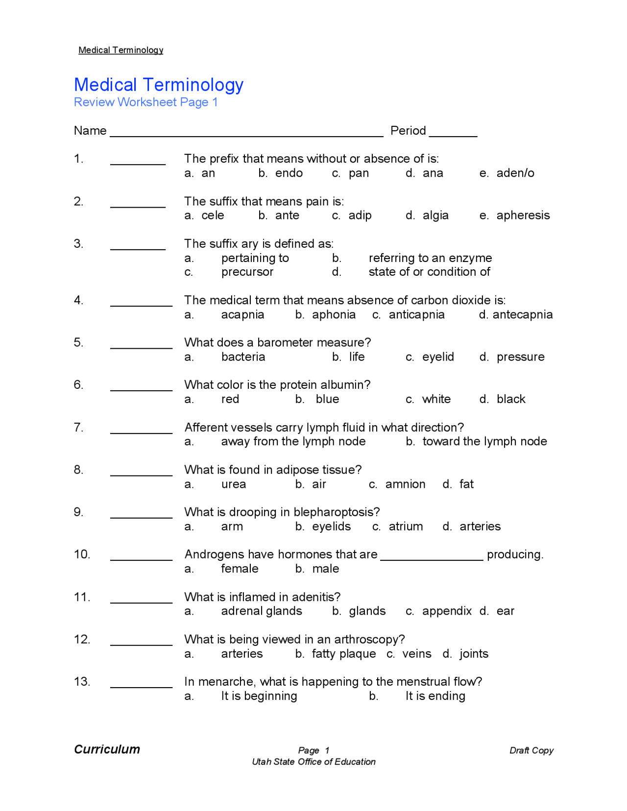 Medical Terminology Review Worksheet with Answers Exercises Chemistry