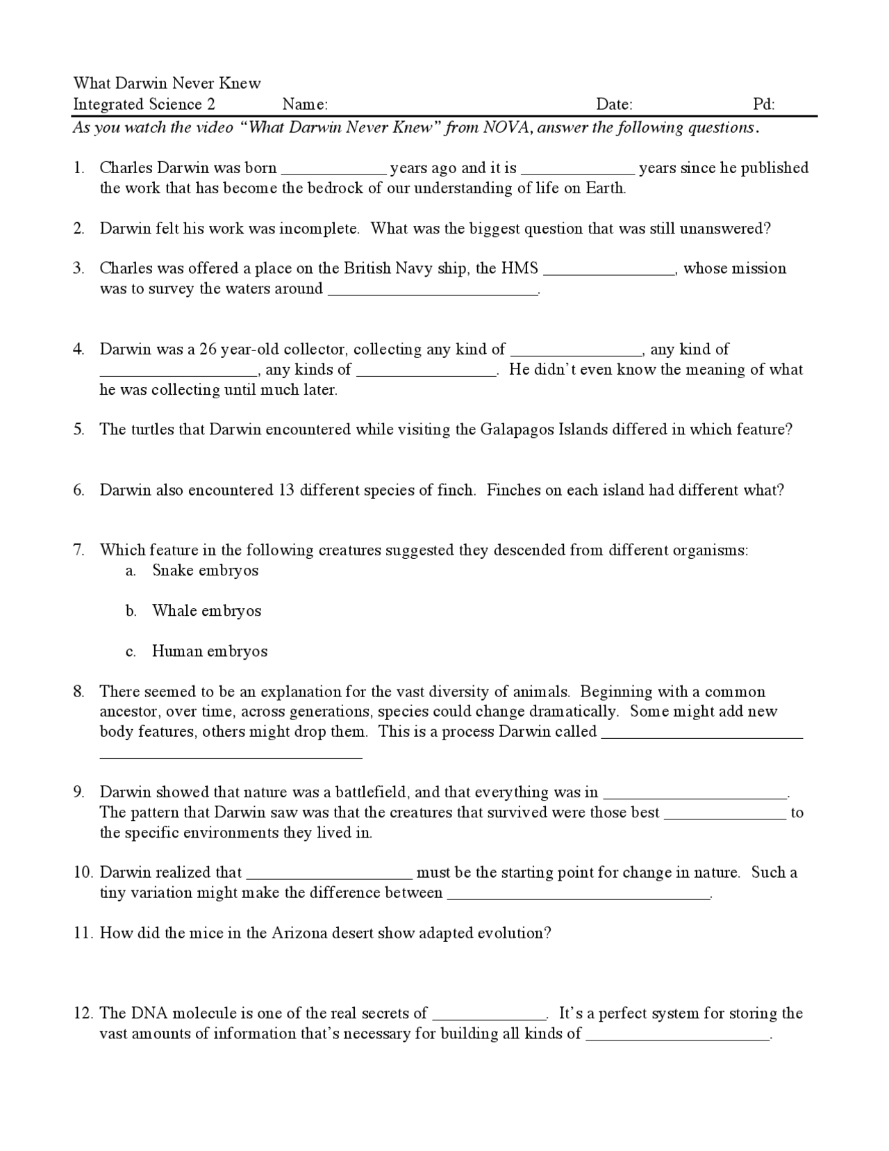 What Darwin Never Knew Worksheet - Integrated Science 2 | Exercises Biology | Docsity