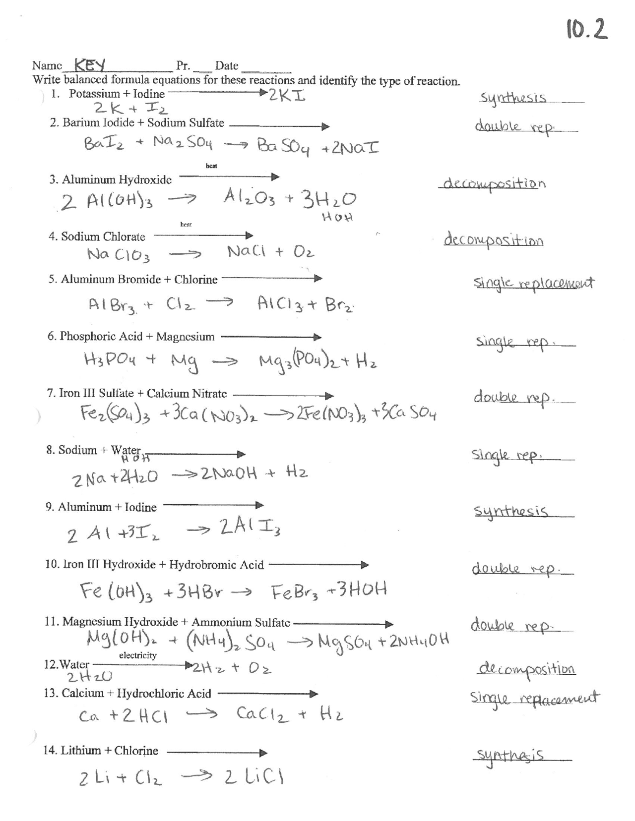 Balance Equations and Predict Reactions Worksheet Key | Exercises Chemistry  | Docsity