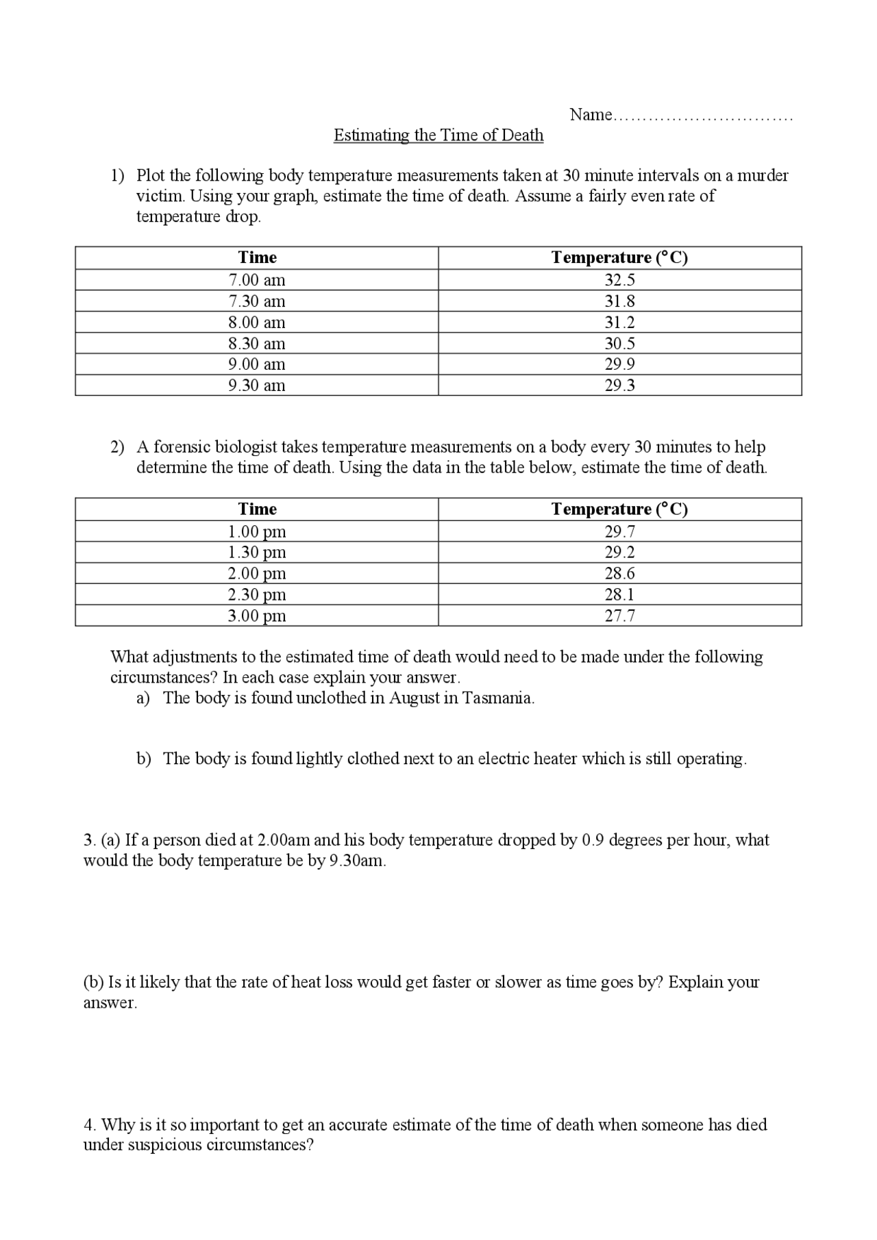 Estimating the Time of Death Worksheet | Exercises Forensics | Docsity