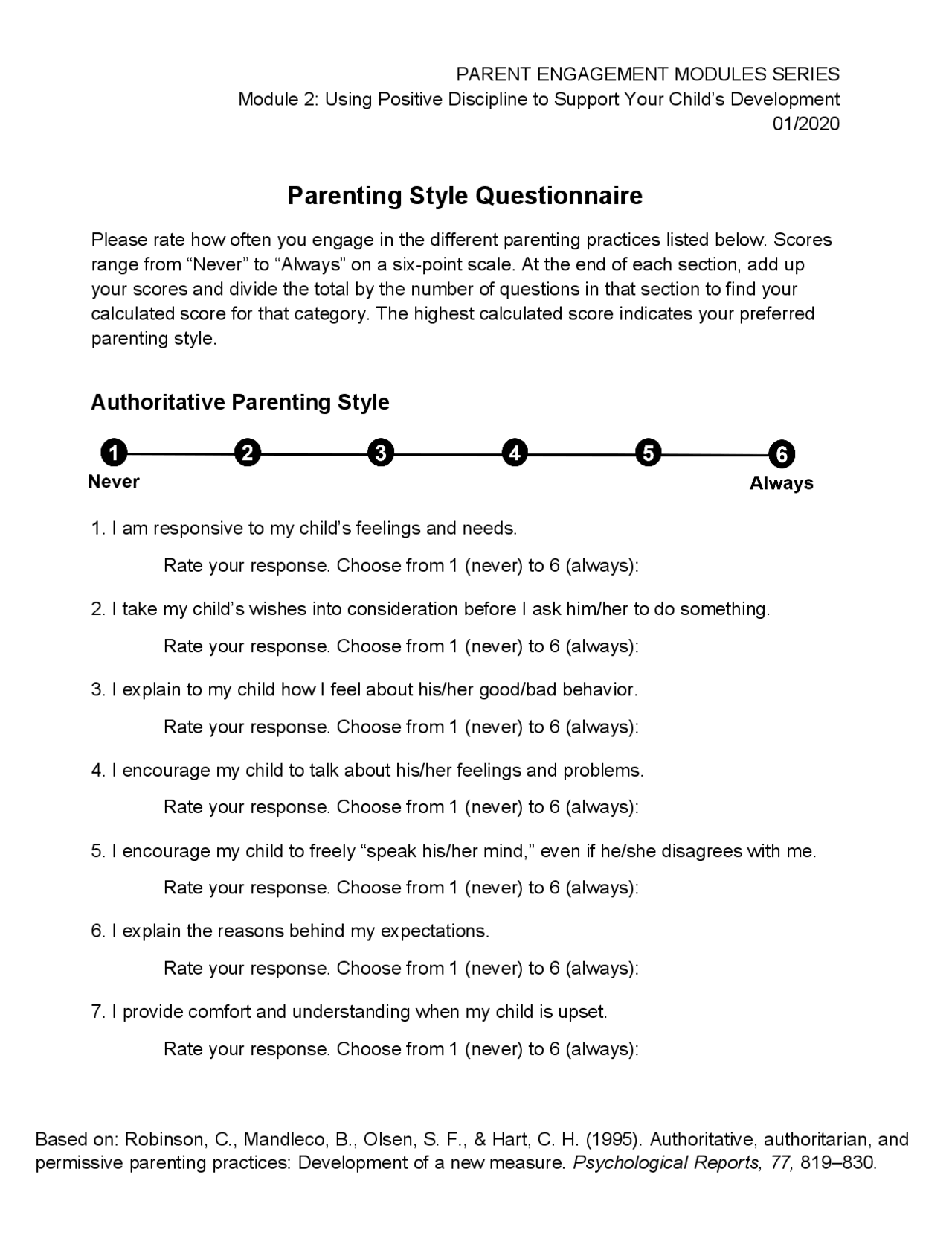 Parenting Style Questionnaire Worksheet Parent Engagement Modules