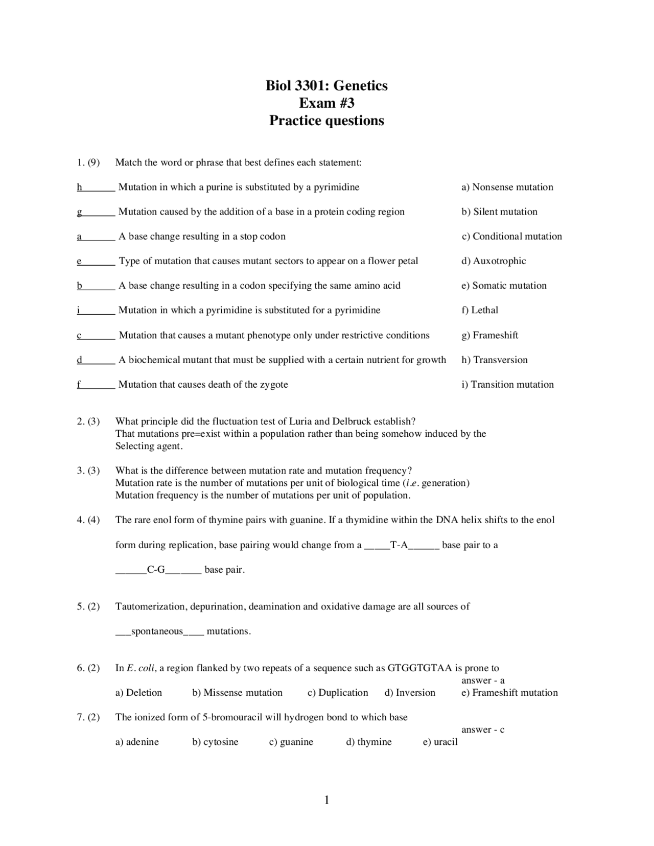 Human Genetics Practice Worksheet #3 Key