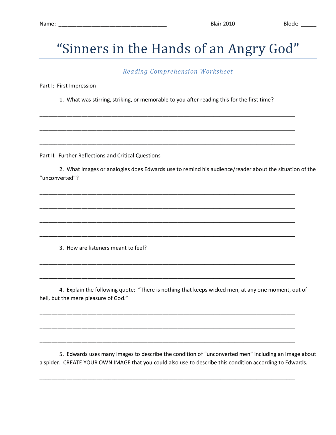 Sinners in the Hands of an Angry God by Jonathan Edwards Worksheet |  Exercises English Literature | Docsity