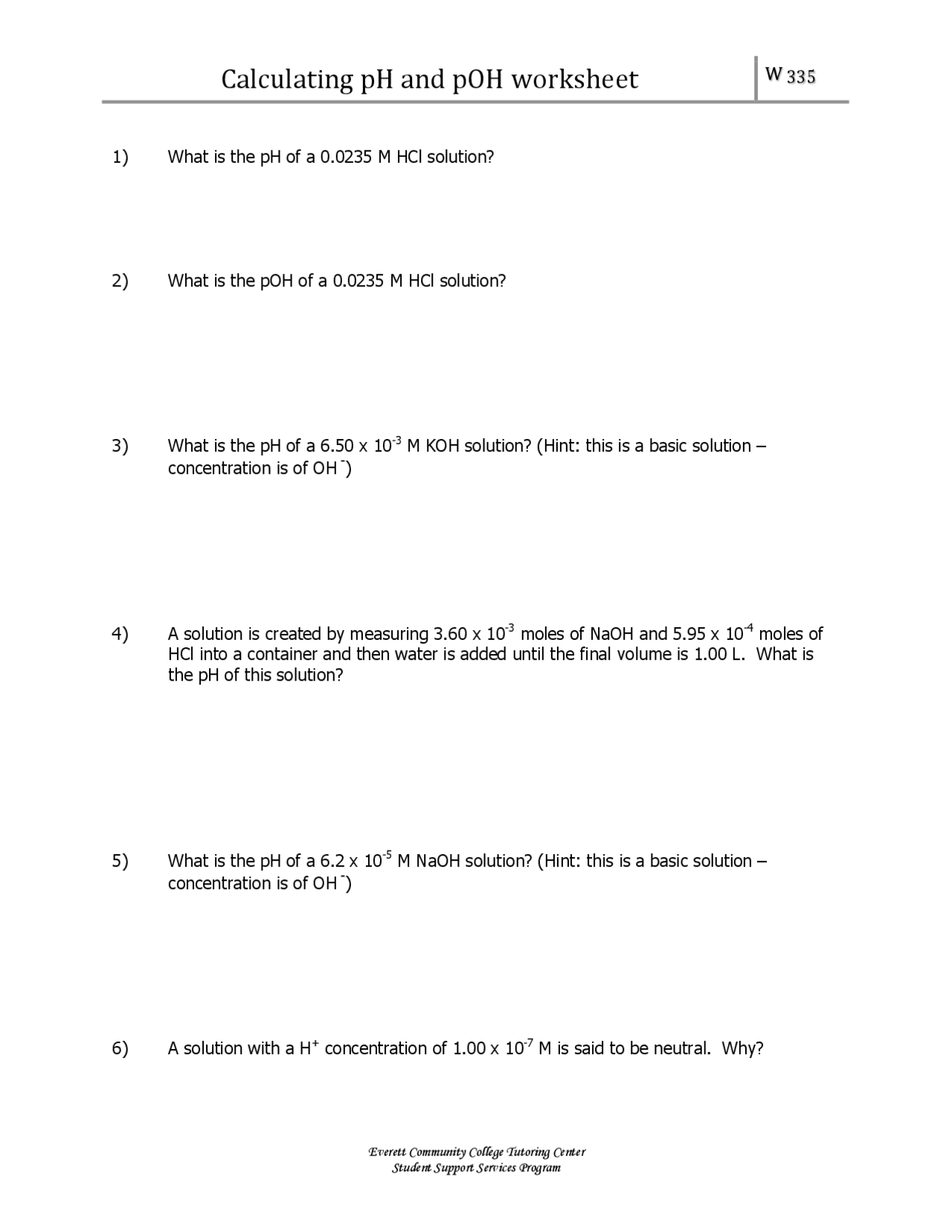 Ph And Poh Worksheet Answers