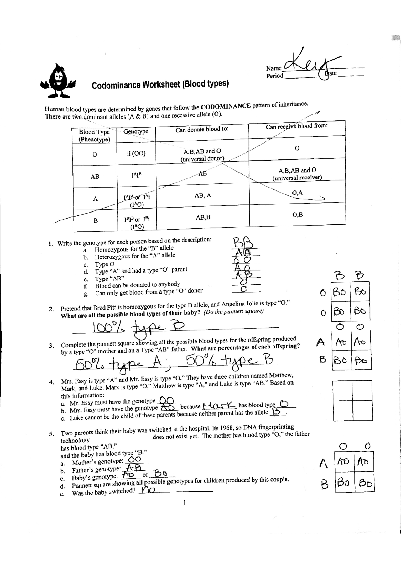 Biology Worksheets Key - Blood Type and Inheritance | Exercises Biology |  Docsity