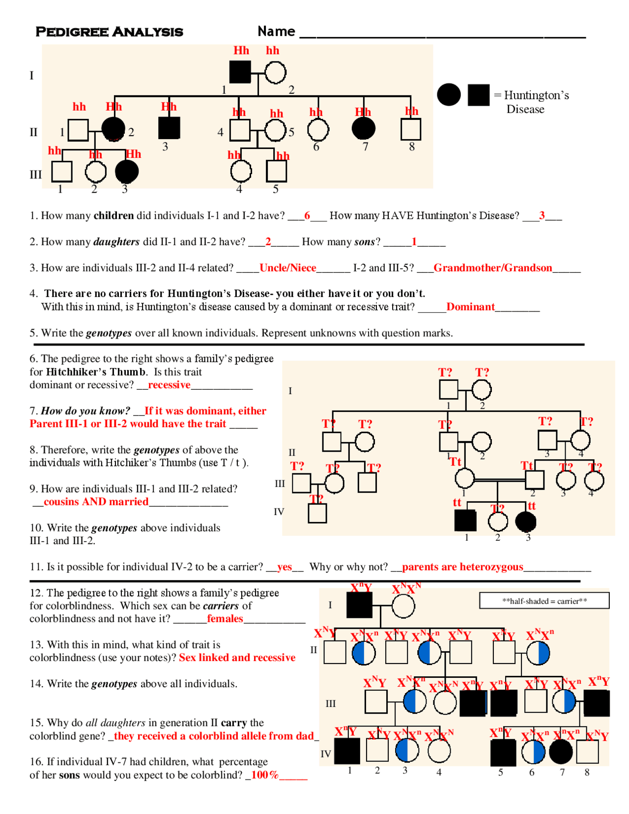 Worksheet for Pedigree Analysis and Practice Key | Exercises Genetics |  Docsity