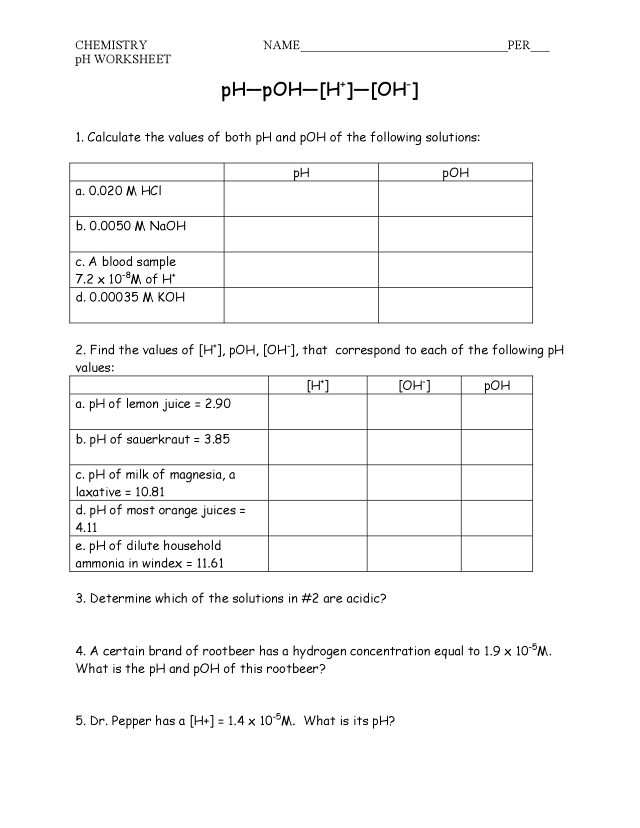 Ph And Poh Worksheet Pro Worksheet
