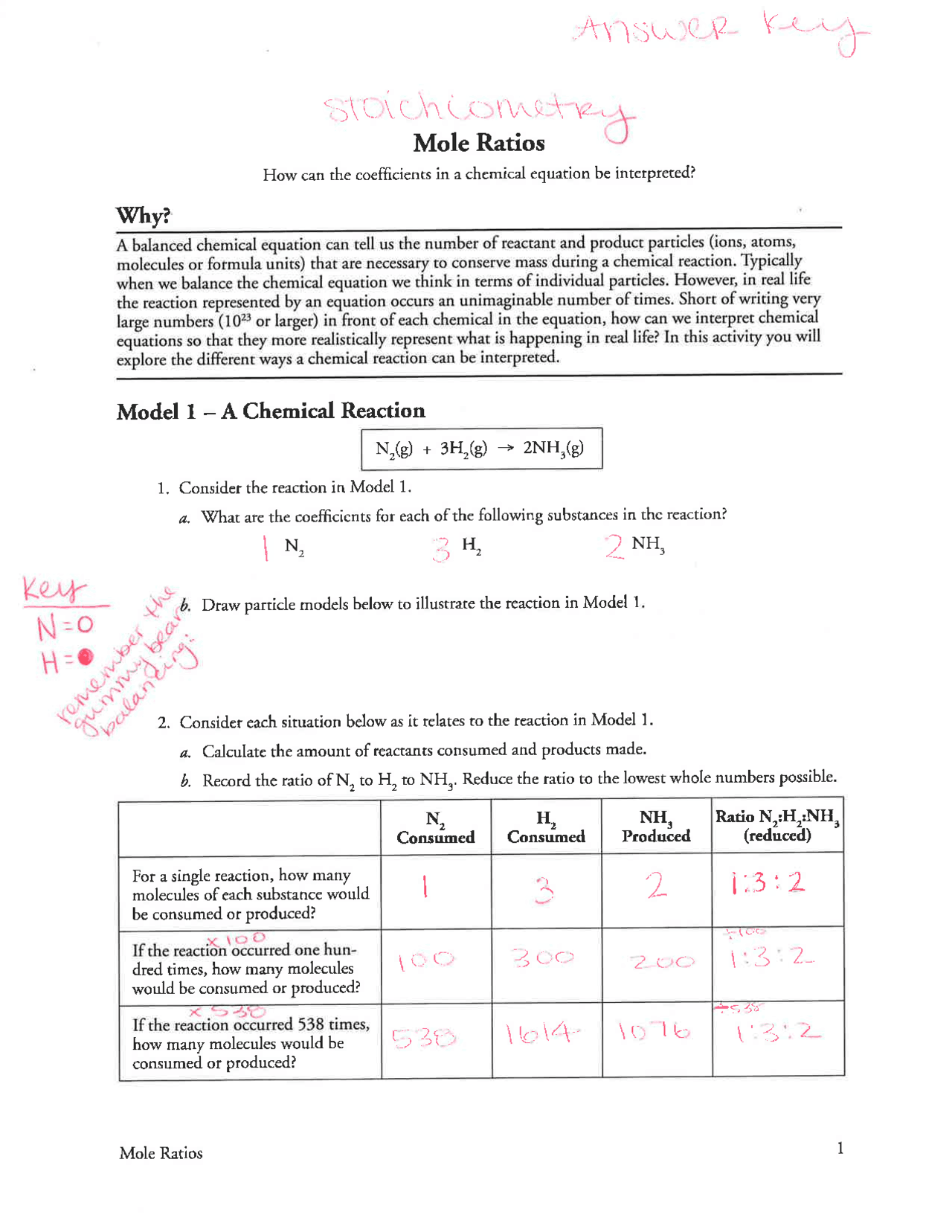 Worksheet Mole Ratios Answer Key | Exercises Chemistry | Docsity