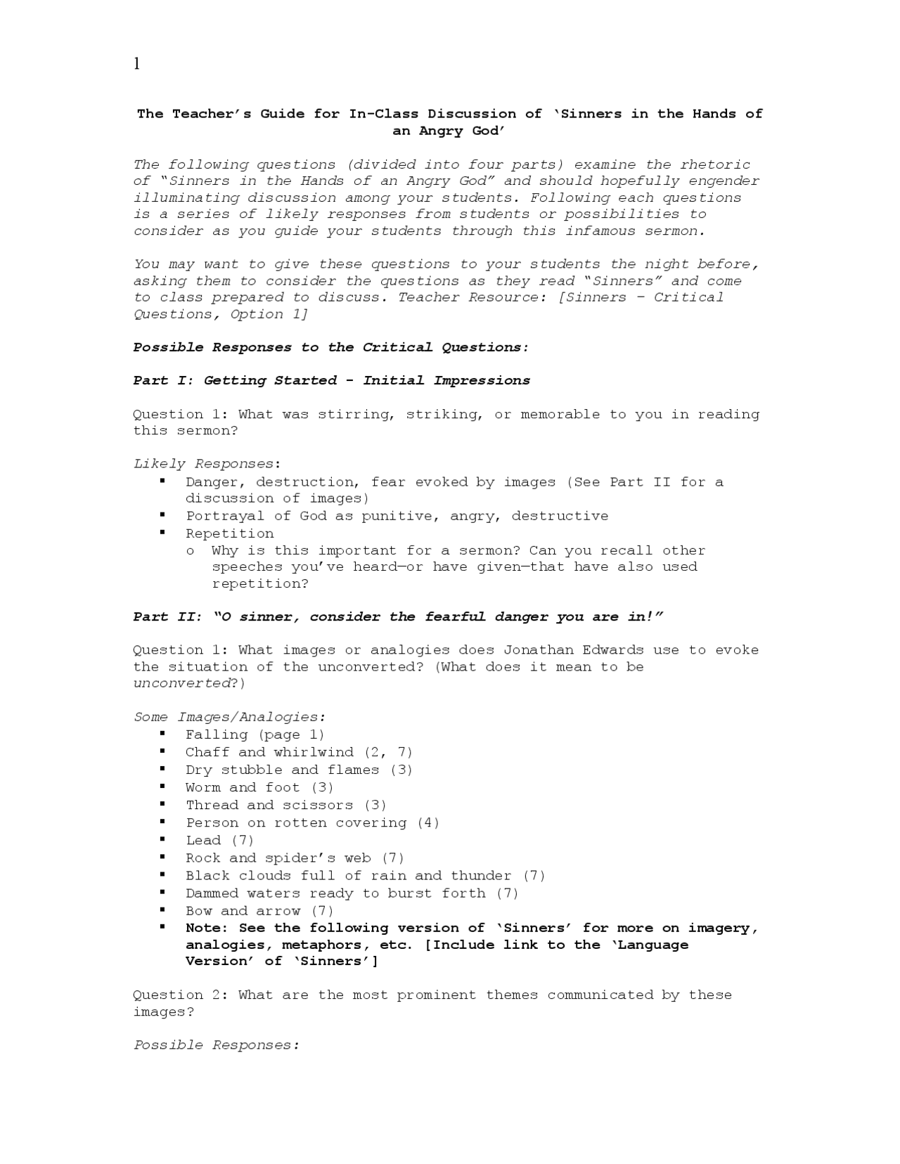 Sinners in the Hands of an Angry God Discussion Worksheet | Exercises  Medical Sciences | Docsity