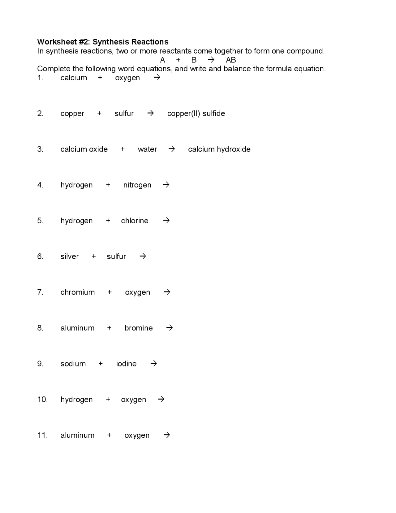 Synthesis Reactions Worksheet Problems | Exercises Chemistry | Docsity