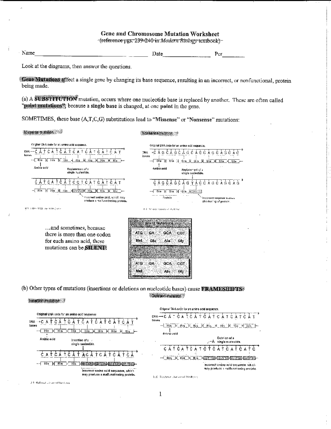 Gene and Chromosome Mutation Worksheet Answers | Exercises Genetics |  Docsity