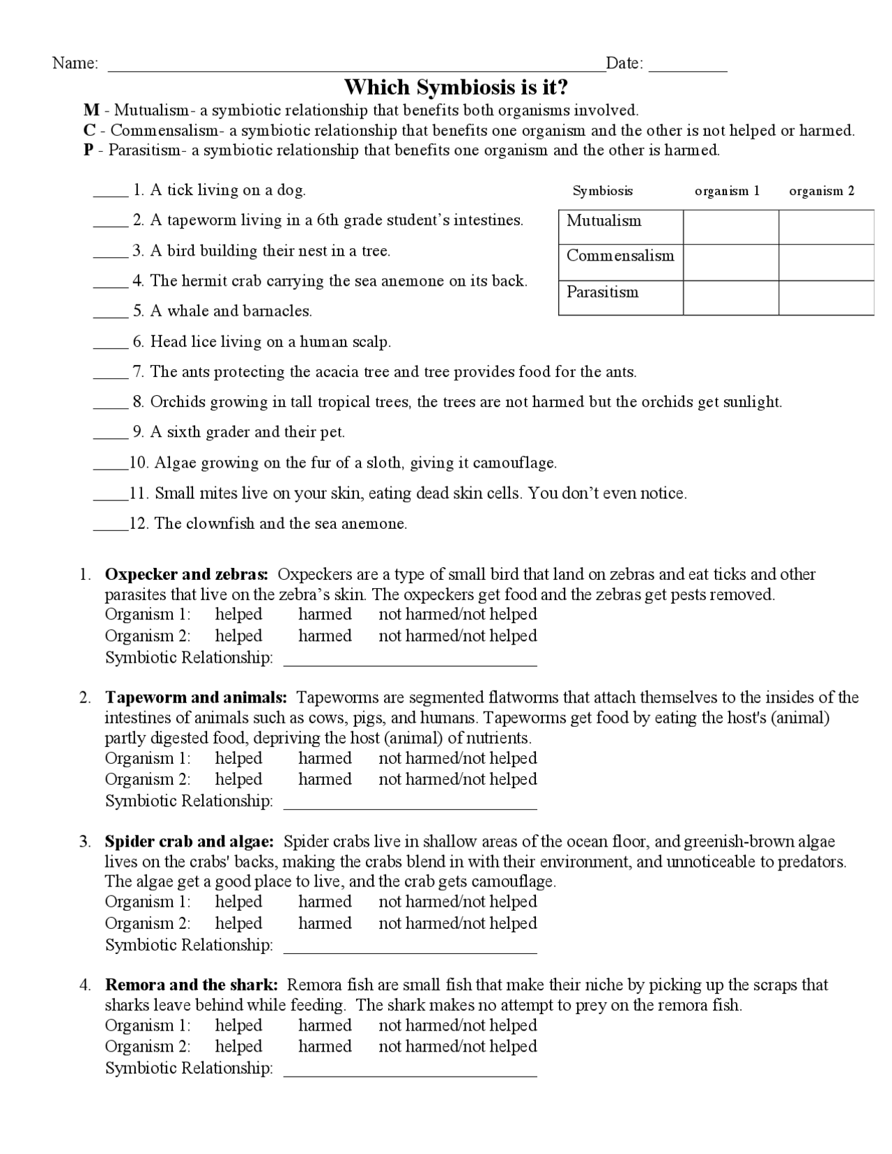 Symbiosis Symbiotic Interactions Worksheet | Exercises Animal Biology |  Docsity
