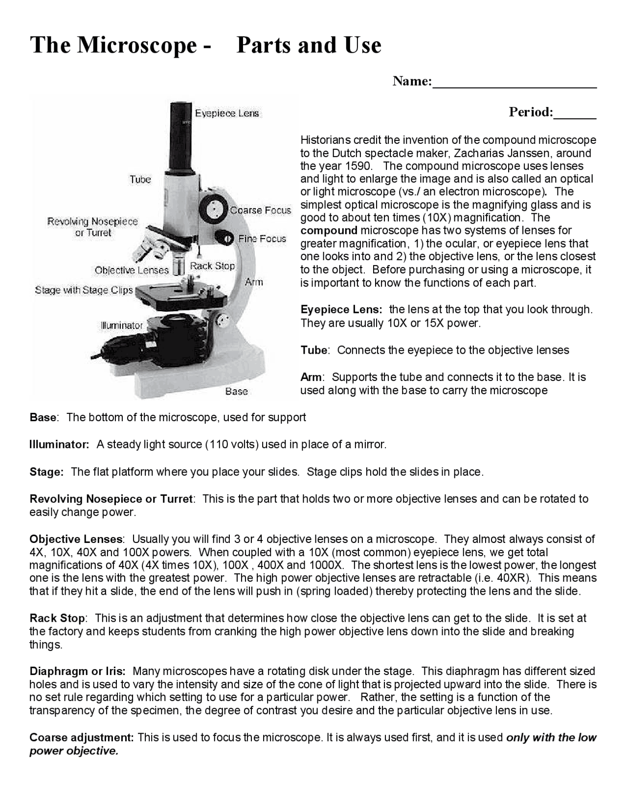 Microscope Schema Exercuce The Microscope Parts and Use - Notes and Worksheet | Exercises Biology ...