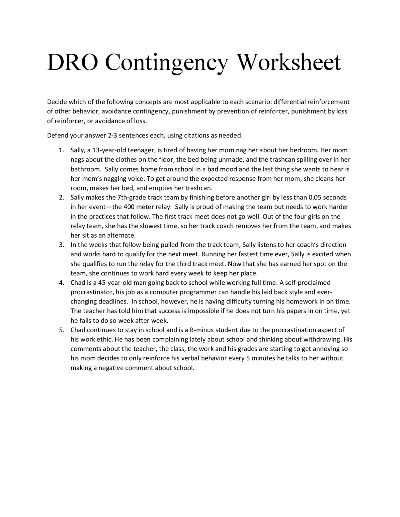 DRO Contingency Worksheet - Docsity