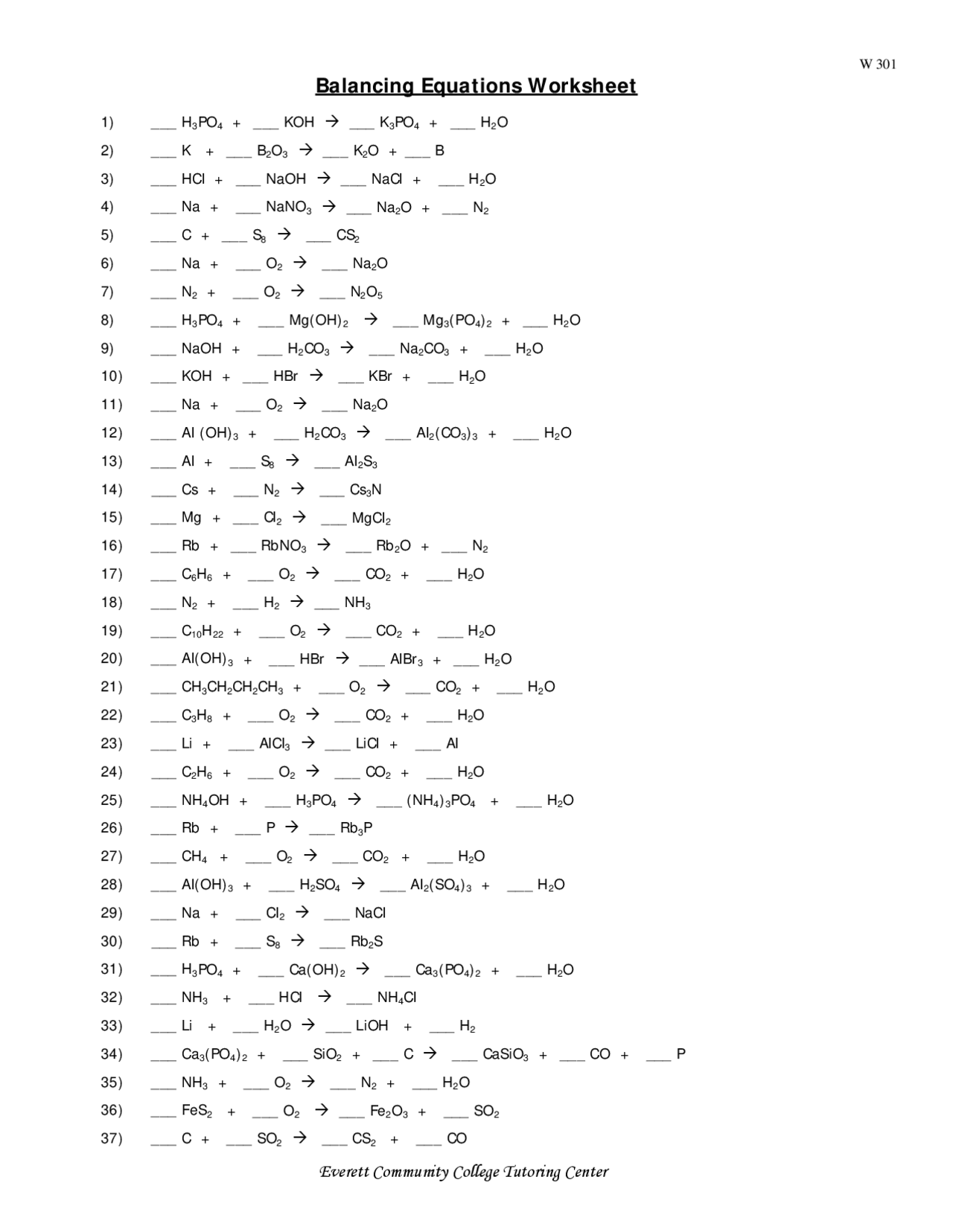 Balancing Equations Worksheet with Solutions | Exercises Chemistry | Docsity