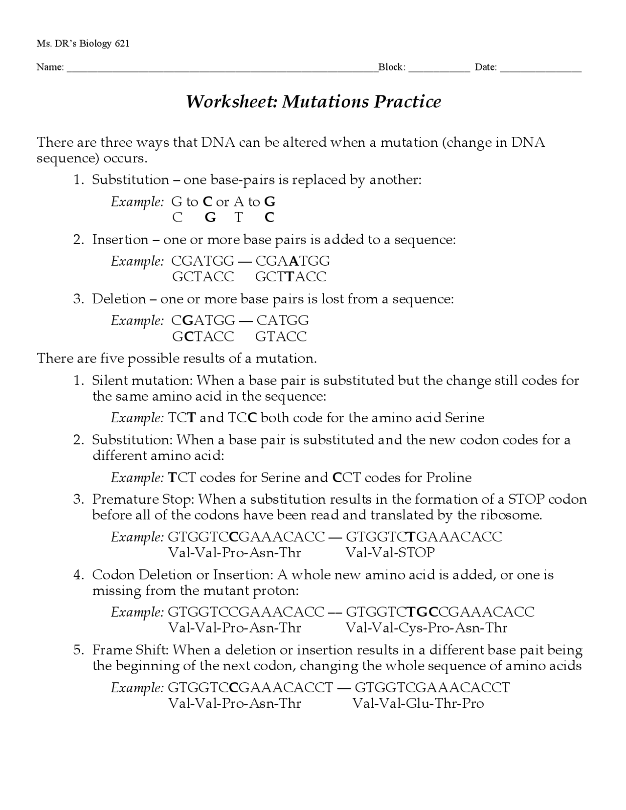 Worksheet: Mutations Practice Questions | Ejercicios Genética | Docsity