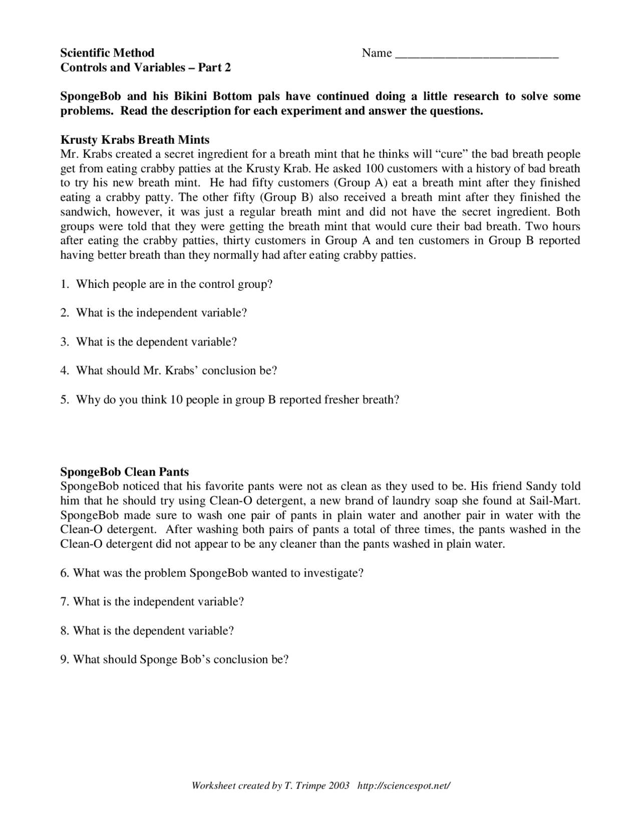 Worksheet Key Spongebob Scientific Method Controls and Variables |  Exercises Research Methodology | Docsity